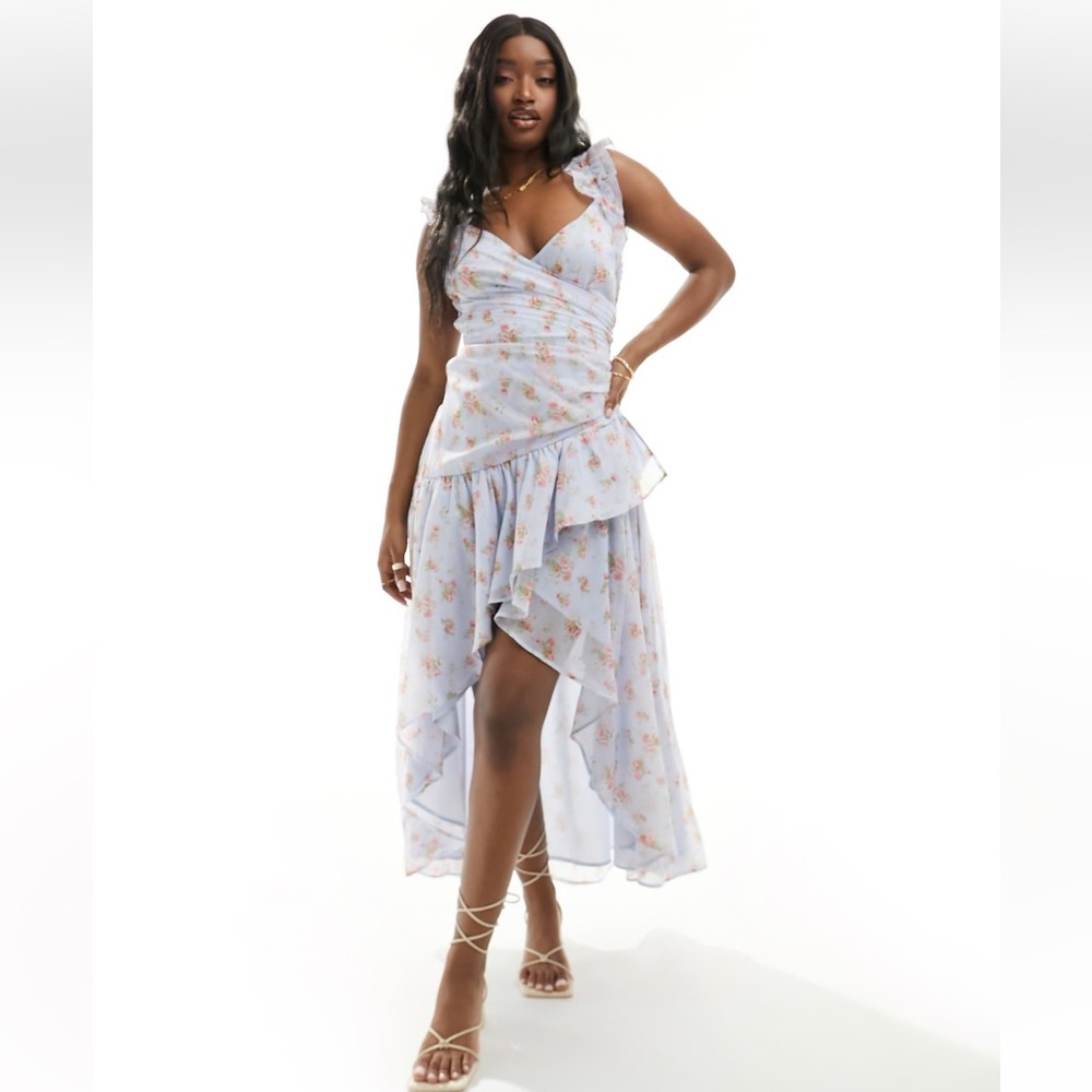 Abercrombie & Fitch ruffle strap asymetric hem maxi dress in blue floral